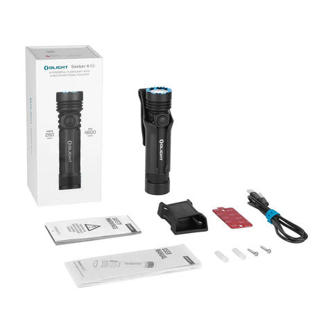 Seeker 4 Pro 4600 Lumen Rechargeable Flashlight With USB C Holster Waterproof IPX8, boxed with accessories and manuals