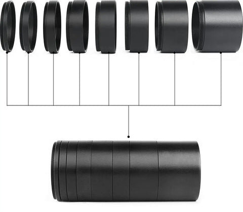 Rugged Metal Telescope Extension Tube Kit With T2 Threads M42x0.75 Eight Piece Spacers in 3 5 7 10 12 15 20 30mm aligned.