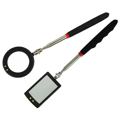 Telescoping 360 Degree Inspection Mirror With 2 LED Lights On Extendable Flexible Stick Dual Mirror Set For Auto Maintenance And Foot Inspections