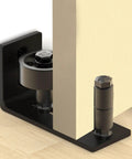 Heavy Duty Sliding Barn Door Floor Guide For Closets And Room Dividers Rock Solid Steel Runner Matte Black Finish installed close-up.