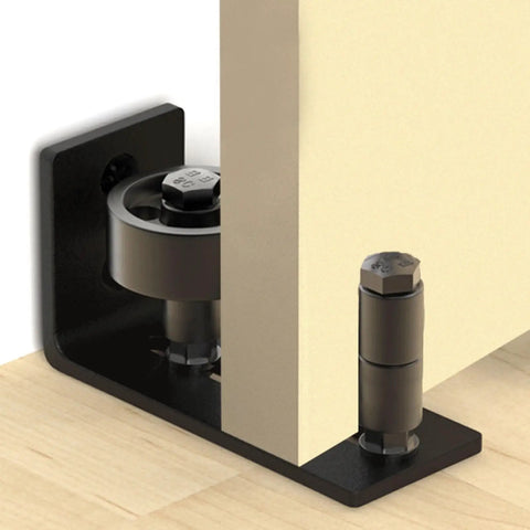 Heavy Duty Sliding Barn Door Floor Guide For Closets And Room Dividers Rock Solid Steel Runner Matte Black Finish installed close-up.