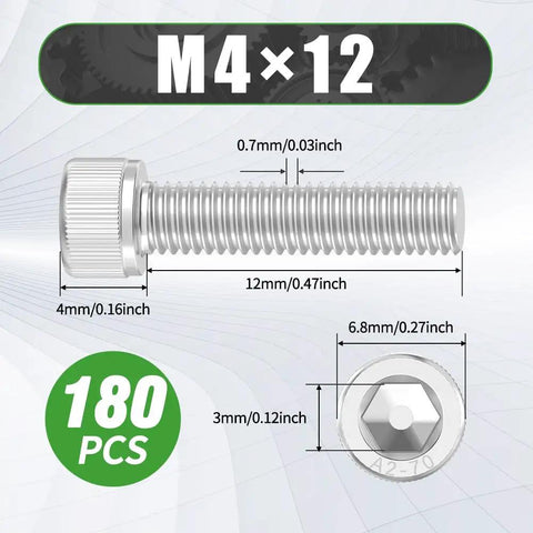 Workhorse Grade M4 Hex Socket Cap Screws 180 Pack 12mm Length Top Shelf 304 Stainless Steel dimensions and specs.