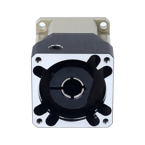 Top Shelf Planetary Gearbox And Helical Speed Reducer With 14 Mm Input Shaft IP65 Waterproof Sealing For 60 Mm Servo Motors Delivers Hella Smooth 5 To 1 Gear Reduction, front view.