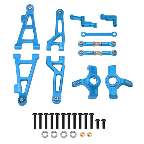 Aluminum Upgrade Kit For 1/16 Scale RC Truck Front And Rear Suspension Arms, Pro Grade Steering Knuckles And Hubs, R168Z Bearings, Fits MJX Hyper GO H16BM H16GT H16DR 16208 16209 16210, Blue, showing all components in blue finish