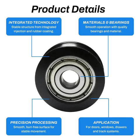 Rock Solid Four Piece Heavy Duty U Groove Pulleys Featuring Durable Pom Plastic Rails And No Sweat Drawer Glide Action With Precision Ball Bearings For Cabinet Hardware close-up of smooth ball bearing wheel with black polymer structure.