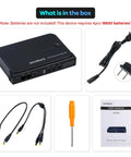 Compact 36W DC Uninterruptible Power Supply Backup for routers, modems, cameras; includes cables, user manual, screwdriver.