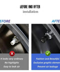 Before and after of Aluminum Alloy Valve Stem Caps For Tires, highlighting enhanced sporty look and improved protection.