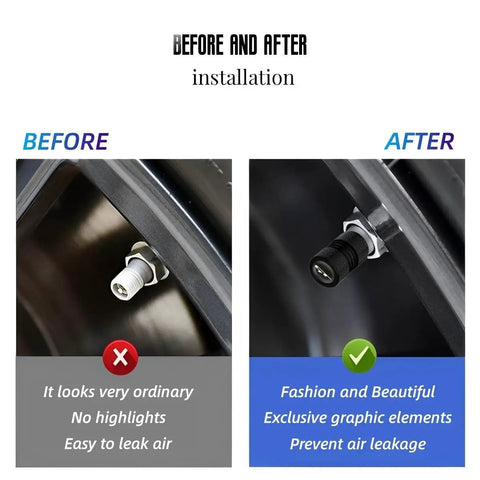 Before and after of Aluminum Alloy Valve Stem Caps For Tires, highlighting enhanced sporty look and improved protection.