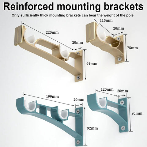 Heavy Duty Curtain Rod Set With Aluminum Alloy Brackets And Rings, Wall Mounted Drapery Rod For Sliding Doors, No Snag Glide, Patio, Living Room Or Bedroom, Smooth Glide Track System, Gold Finish, 4.9 Ft reinforced brackets with size measurements