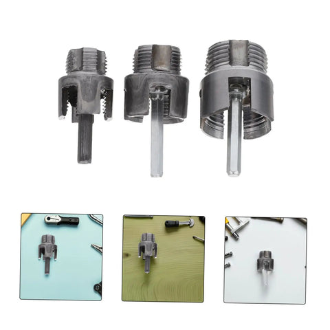 Heavy Duty 3 Piece Pvc Pipe Thread Cutting Set For Electric Drill Internal And External Threader Kit Fits 1/2 3/4 And 1 Inch Pipes showing three pipe threaders.