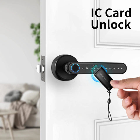 Smart Fingerprint Door Lock With WiFi Enabled And Free App Five In One Biometric Lock Featuring Fingerprint Anti Peep Password IC Cards Included TTLock App And Physical Key Share Ekey Matte Black Finish For Modern Home with IC card being used to unlock.