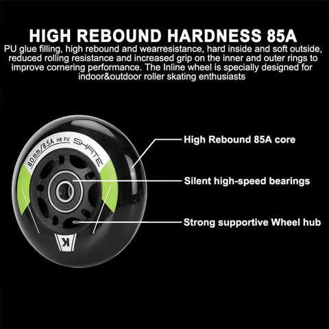 8 Pack Inline Skate Wheels Replacement Set In 72mm 76mm And 80mm Sizes With ABEC9 Bearings For Indoor Outdoor Rollerblades Derby And K2 85A Hardness Includes Bearings And Spacers For Quick Easy Swap, showing wheel details
