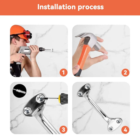 Installation process of Rock Solid 6Inch Stainless Steel Bath Grab Bar with tools for secure fitting on walls.
