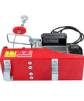 Side view of Timunr PA400 electric hoist, red housing with black motor, wire rope and hook, 880 lb capacity