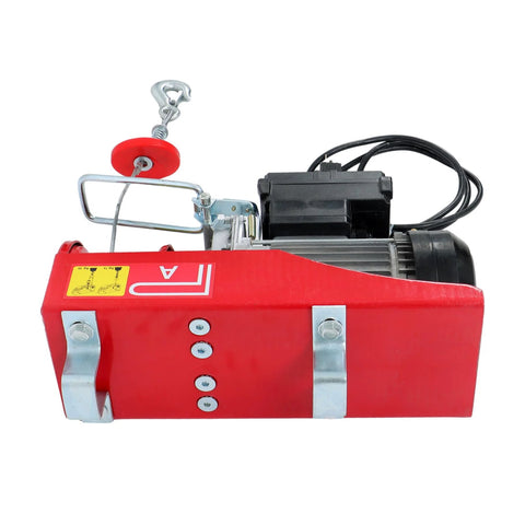 Side view of Timunr PA400 electric hoist, red housing with black motor, wire rope and hook, 880 lb capacity