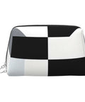 Hella Chic Black And White Piano Key Print Travel Makeup Bag, Durable PVC Cosmetic Pouch For Women, detailed front view.