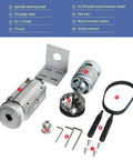 Beefed Up 3 Jaw Self Centering Lathe Chuck 50mm Spindle Motor Kit For CNC Lathes Woodworking Grinders And Table Saws 12V 24V DC 6000 To 12000 RPM Forward And Reverse High Torque components layout with chuck, motor, belt, and tools.
