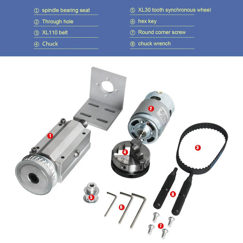 Beefed Up 3 Jaw Self Centering Lathe Chuck 50mm Spindle Motor Kit For CNC Lathes Woodworking Grinders And Table Saws 12V 24V DC 6000 To 12000 RPM Forward And Reverse High Torque components layout with chuck, motor, belt, and tools.