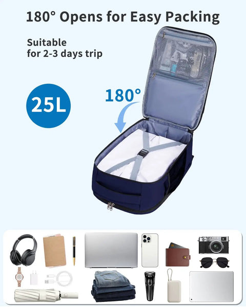 Go To Underseat Personal Item Travel Backpack With 10 Pockets And 180 Degree Opening 15.6 Inch Laptop Carry On Bag shown open