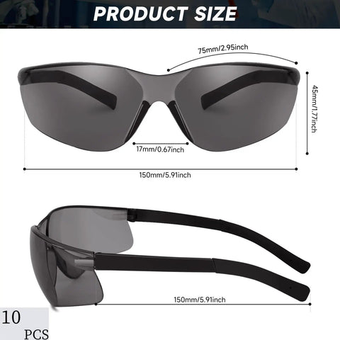 10 Pack Tinted Safety Glasses ANSI Z87.1 Scratch Resistant Eye Protection For Men And Women with size dimensions