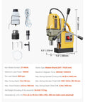 Heavy Duty Magnetic Drill Press With 1400W Copper Motor For Unstoppable Power And Precision, accessories and specs displayed.