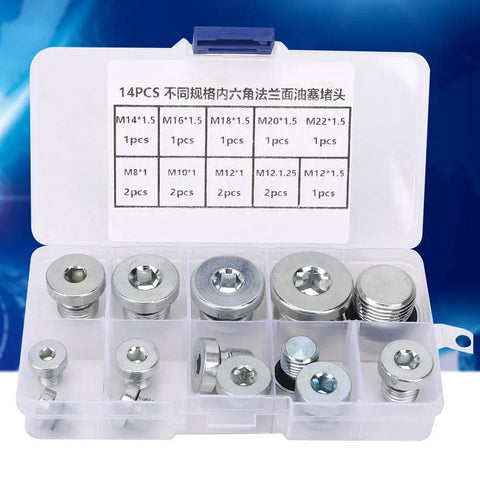 Ultimate 14 Pcs Oil Pan Drain Plug Set With Hex Socket Flange Nuts And M8 To M22 Bolts For Cars, Trucks And Machinery That Fit Like A Charm And Save Your Gears. 14-piece steel metric set in plastic case