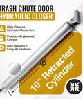 Image of Rugged Heavy Duty 10 Inch Retracted Hydraulic Door Closer Cylinder for Trash Chute Doors with features list.