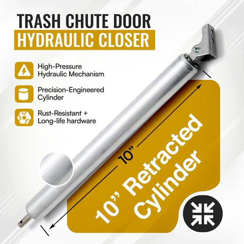 Image of Rugged Heavy Duty 10 Inch Retracted Hydraulic Door Closer Cylinder for Trash Chute Doors with features list.
