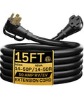 Heavy Duty 50 Amp RV And EV Extension Cord 15 Feet With Grip Handle 6/3+8/1 AWG Wire NEMA 14-50P To 14-50R Outdoor Rated ETL Listed Cord Organizer