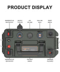 Waterproof Battery Box For 30Ah 20Ah And 10Ah Battery Packs With Anderson Plug and dual QC3 PD fast charge, front view with ports