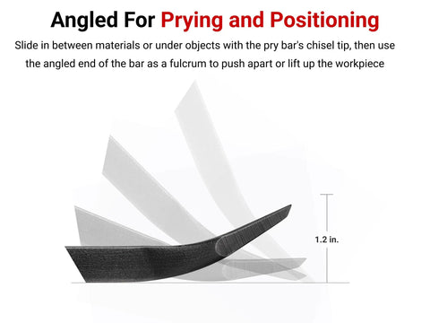 Illustration of 25 Inch Angled Tip Pry Bar With Striking Cap And Textured Non Slip Handle For Heavy Duty Prying and Lifting In Tight Spaces High Leverage Tool Built Tough For Pro Grade Jobs showing angled tip design for prying