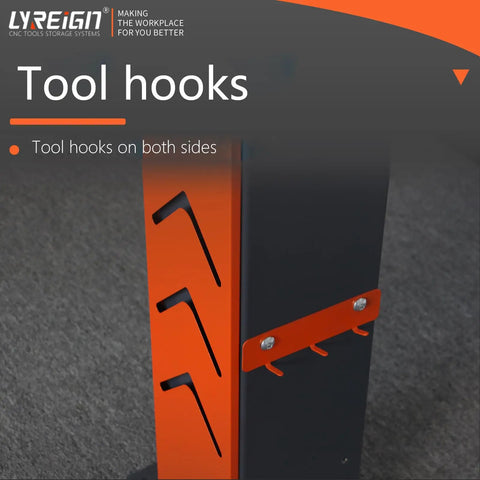 Ergonomic CNC Tool Holder Workbench Featuring BT40 Lock Station And Heavy Duty Disassembly Table Designed For The Daily Grind While Keeping Your Back Happy And Shop Operations Smooth, showing tool hooks.