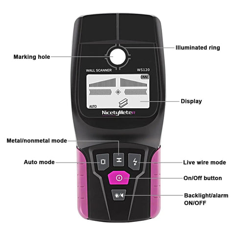 OSPSHPG Multifunctional Wall Scanner, Stud Finder with display, illuminated ring, and multi-mode buttons for accurate scanning.