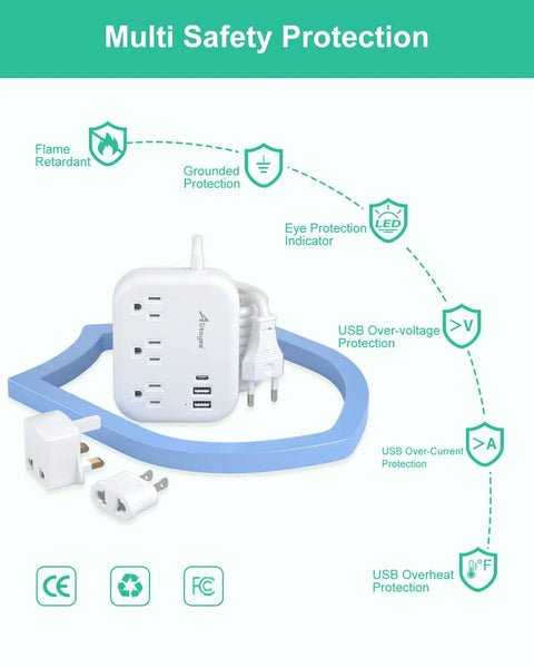 Grab And Go Global Travel Power Strip With Universal Plug Adapter 3 Outlets And 3 USB Ports EU UK US Plugs 3Ft Cord