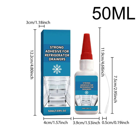 All Purpose Long Lasting Glue 50ml Heavy Duty Adhesive For Refrigerator Repair And Drawer Slides Fix It Fast Bond For Stainless Steel Glass Ceramic Wood Leather Mirror Pottery Foundry Shoes Soles And More, visible in bottle and box.