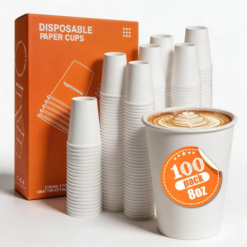 8 Oz Disposable Paper Coffee Cups, 100 Count, Leakproof White Cups displayed with latte art in foreground