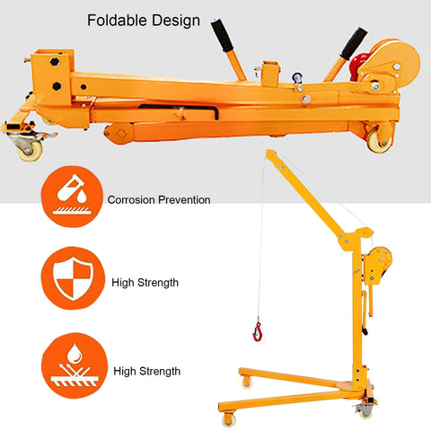 Rugged Foldable Hand Crank Engine Hoist Built Solid Like A Tank For Heavy Shop Tasks That Require Serious Lifting Power Without Any Sweat Or Hassle in yellow with foldable design.