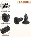 Ridiculously Strong One Hundred Pack Of Number Four By Quarter Inch Black Flathead Wood Screws Tough Self Tapping Fasteners showing flat Phillips head design.