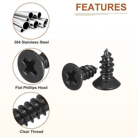Ridiculously Strong One Hundred Pack Of Number Four By Quarter Inch Black Flathead Wood Screws Tough Self Tapping Fasteners showing flat Phillips head design.