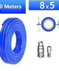 Shop Grade Heavy Duty Air Compressor Hose With C Type Quick Connect Fittings 5X8MM Rugged Polyurethane Pneumatic Tubing Non Kinking Workhorse Air Line For Garage Gear, 10 meters long blue hose.