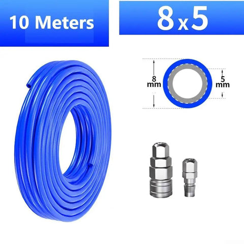 Shop Grade Heavy Duty Air Compressor Hose With C Type Quick Connect Fittings 5X8MM Rugged Polyurethane Pneumatic Tubing Non Kinking Workhorse Air Line For Garage Gear, 10 meters long blue hose.