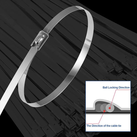 Close-up of 300 Pack 304 Stainless Steel Self Locking Cable Tie showing ball locking mechanism, heavy duty metal zip tie detail