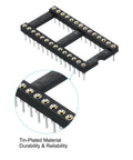 2.54mm Pitch DIP IC Socket Connector, 28 Pins, Dual Row, 15.2mm Row Pitch, round pins, close-up of tin-plated material