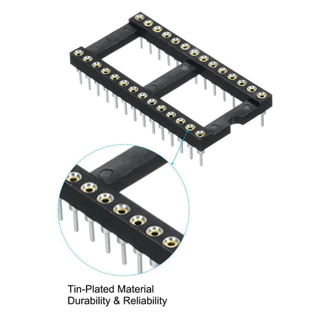 2.54mm Pitch DIP IC Socket Connector, 28 Pins, Dual Row, 15.2mm Row Pitch, round pins, close-up of tin-plated material