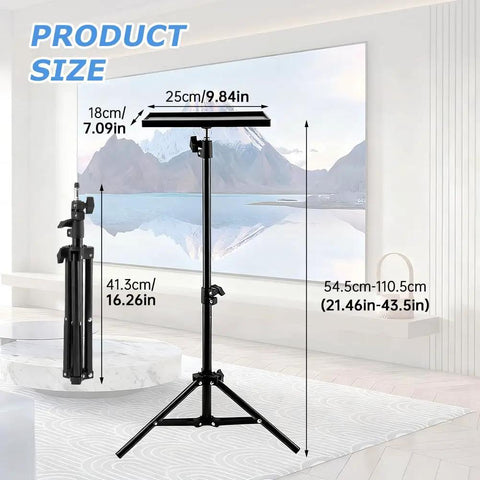 Rugged Heavy Duty Projector Stand Tripod With Adjustable 21 To 44 Inch Pole And 9.8 By 7 Inch Tray, demonstrated in living room.