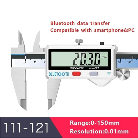Digital Caliper 0.01mm with Bluetooth data transfer, stainless steel, measuring 20.30mm, versatile measurement capabilities.