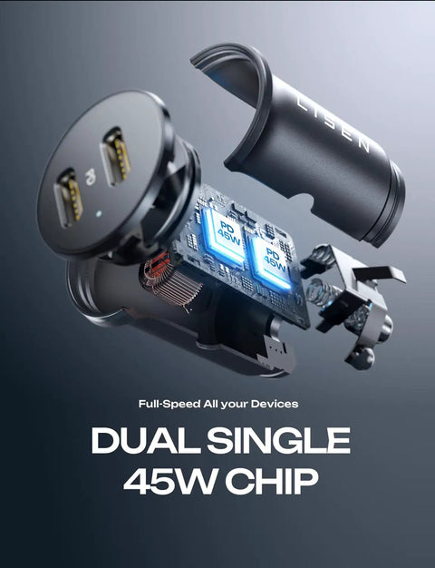 Exploded view of Dual USB C Car Charger 90W Fast Charge With 45W Per Port Across Two USB C Ports PD 3.0 QC 3.0.