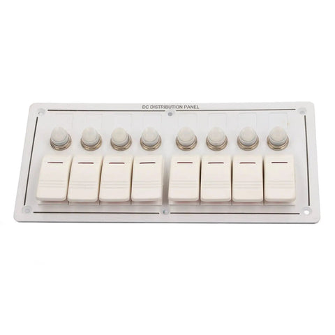 8 Gang Aluminum Alloy Toggle Switch Panel With Overload Protector And 3 Reset Buttons IP65, front view with white switches.