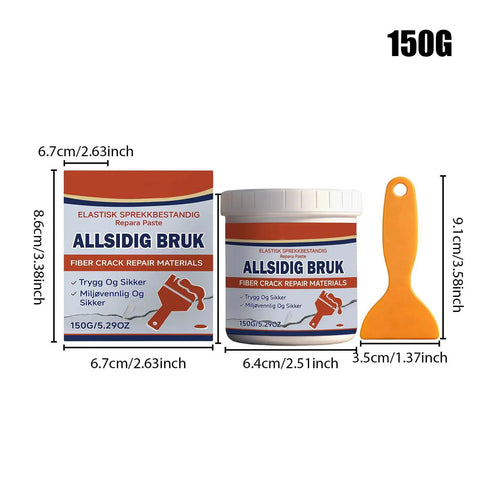 Wall Repair Paste Kit 150g Quick Dry Putty Adhesive With Scraper and packaging dimensions displayed