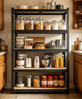 Kickass Heavy Duty 5 Tier Metal Storage Shelving Unit With Reinforced Adjustable Steel Racks For Garage Pantry Warehouse Industrial Tool Organization Setup filled with jars and kitchen appliances.